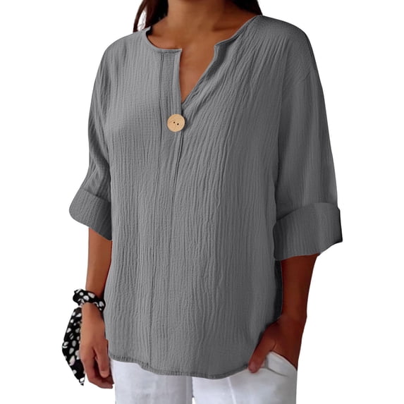 Womens Cotton Linen Summer Tops, 3/4 Sleeve Shirts for Women Fall Casual Loose Fit Solid Color Notch V Neck Dressy Blouses with Button