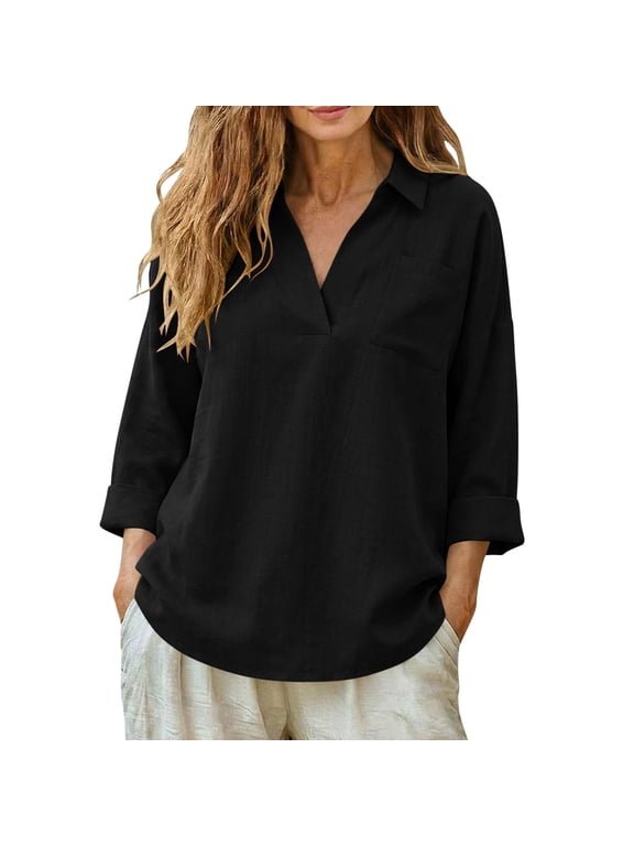 Womens Cotton Linen Summer Tops, 3/4 Sleeve Shirts for Women Fall Plus Size Casual Lightweight Solid Color Lapel V Neck Dressy Blouses with Pockets