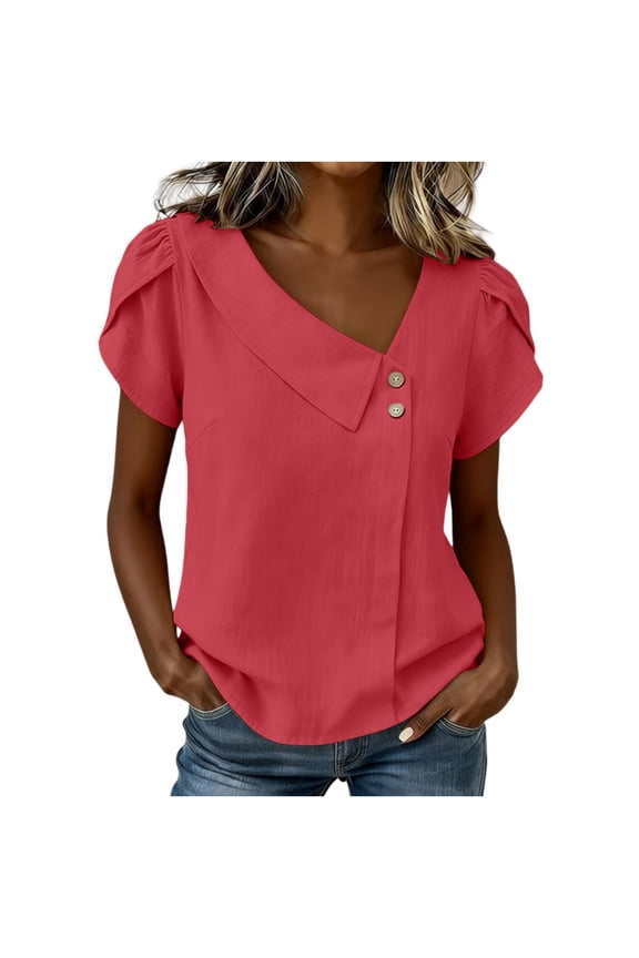 Womens Cotton Linen Summer Tops, Petal Short Sleeve Shirts for Women Casual Lightweight V Neck Dressy Blouses with Buttons Mothers Gifts