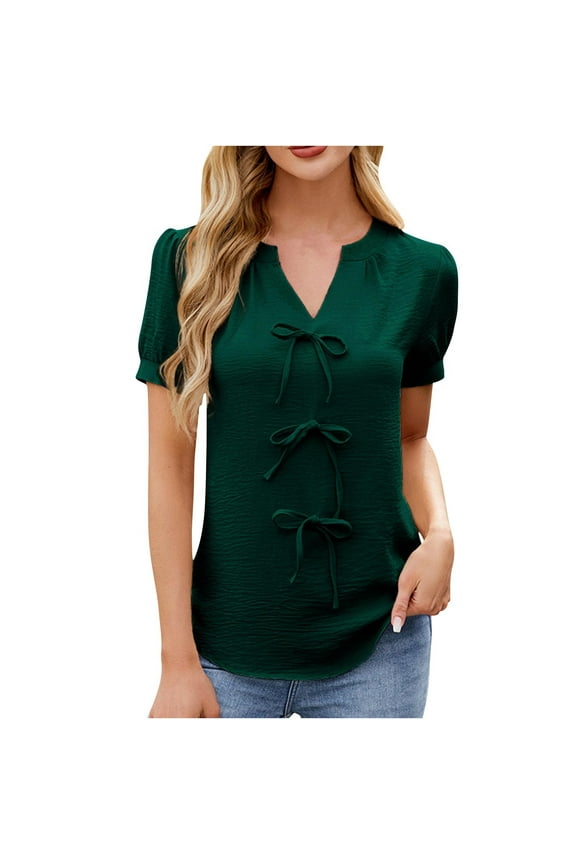 Womens Cotton Linen Summer Tops, Puff Short Sleeve Shirts for Women Casual Loose Fit Solid Color Notch V Neck Dressy Blouses with Bows