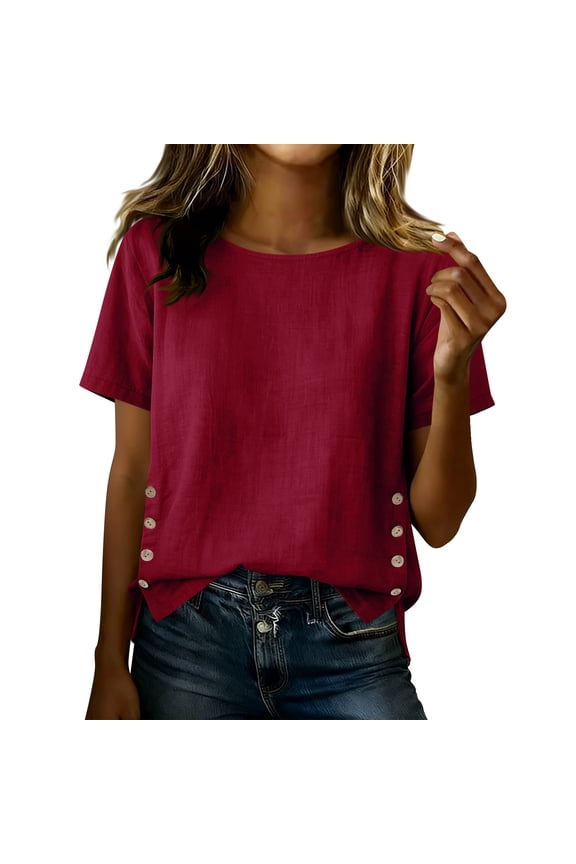 Womens Cotton Linen Summer Tops, Ruffle 3/4 Sleeve Shirts for Women Casual Lightweight Side Slit Crewneck Dressy Blouses with Buttons