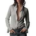 thumbnail image 1 of Womens Cotton Linen Summer Tops, Ruffle Long Sleeve Shirts for Women Casual Lightweight Lapel Button Down Dressy Blouses, 1 of 6