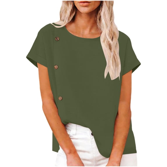 Womens Cotton Linen Summer Tops, Short Sleeve Shirts for Women Casual Lightweight Loose Fit Crewneck T-Shirts with Buttons