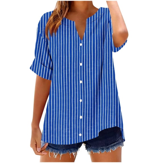 Womens Cotton Linen Summer Tops, Short Sleeve Shirts for Women Casual Lightweight Striped Printed V Neck Button Down T-Shirts