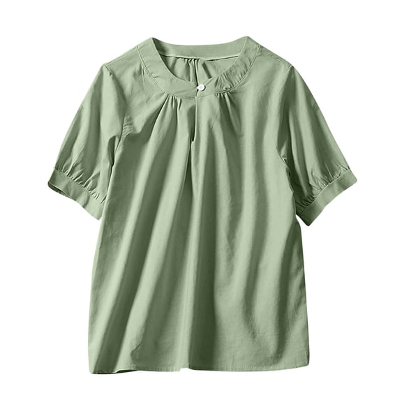 Womens Cotton Linen Summer Tops, Short Sleeve Shirts for Women Casual Loose Fit Solid Color Pleated Crewneck Dressy Blouses