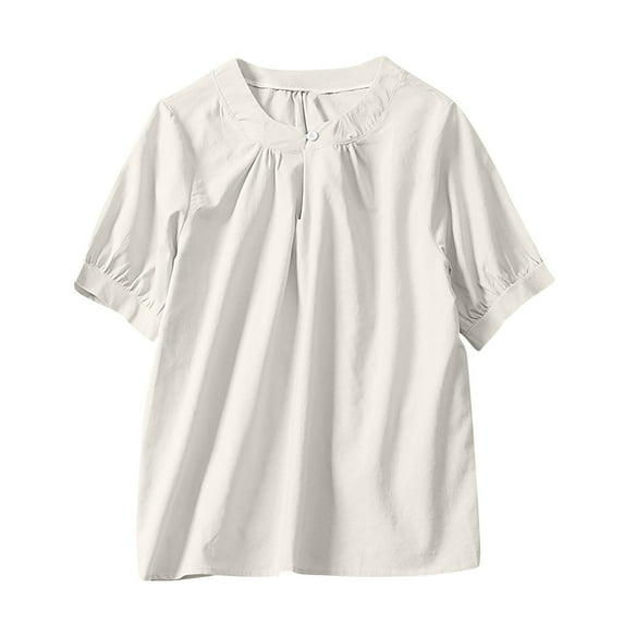 Womens Cotton Linen Summer Tops, Short Sleeve Shirts for Women Casual Loose Fit Solid Color Pleated Crewneck Dressy Blouses