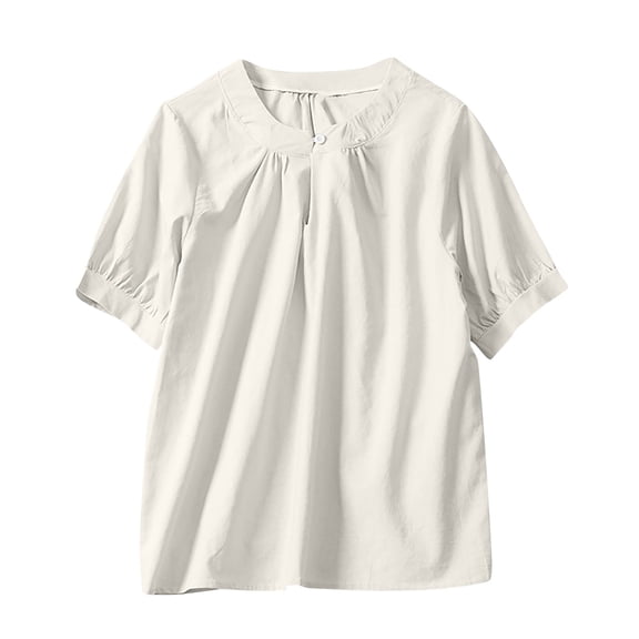 Womens Cotton Linen Summer Tops, Short Sleeve Shirts for Women Casual Loose Fit Solid Color Pleated Crewneck Dressy Blouses