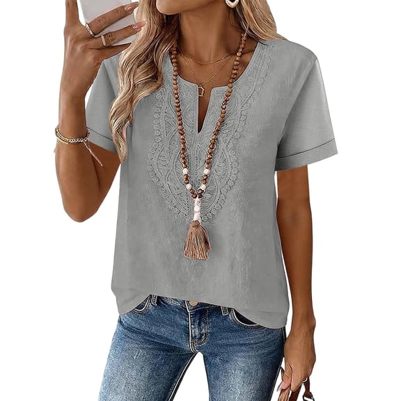 Womens Cotton Linen Summer Tops, Short Sleeve Shirts for Women Casual Vintage Solid Color Lace Patchwork Notch V Neck Dressy Blouses