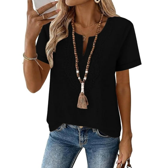 Womens Cotton Linen Summer Tops, Short Sleeve Shirts for Women Casual Vintage Solid Color Lace Patchwork Notch V Neck Dressy Blouses