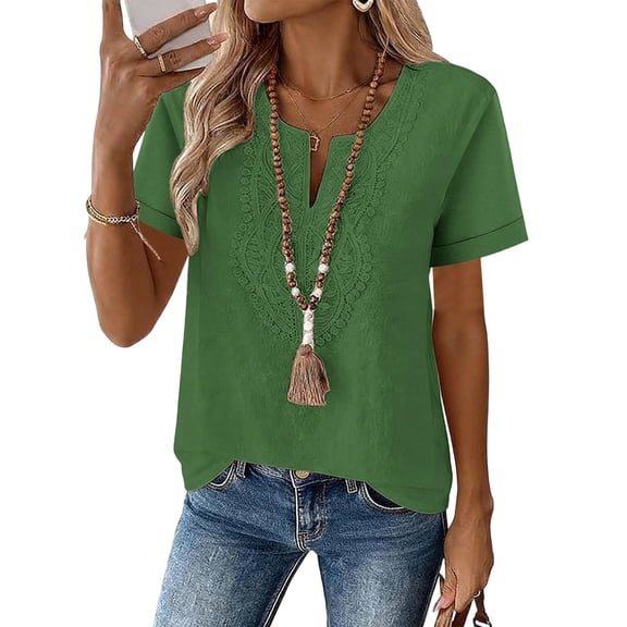 Womens Cotton Linen Summer Tops, Short Sleeve Shirts for Women Casual Vintage Solid Color Lace Patchwork Notch V Neck Dressy Blouses