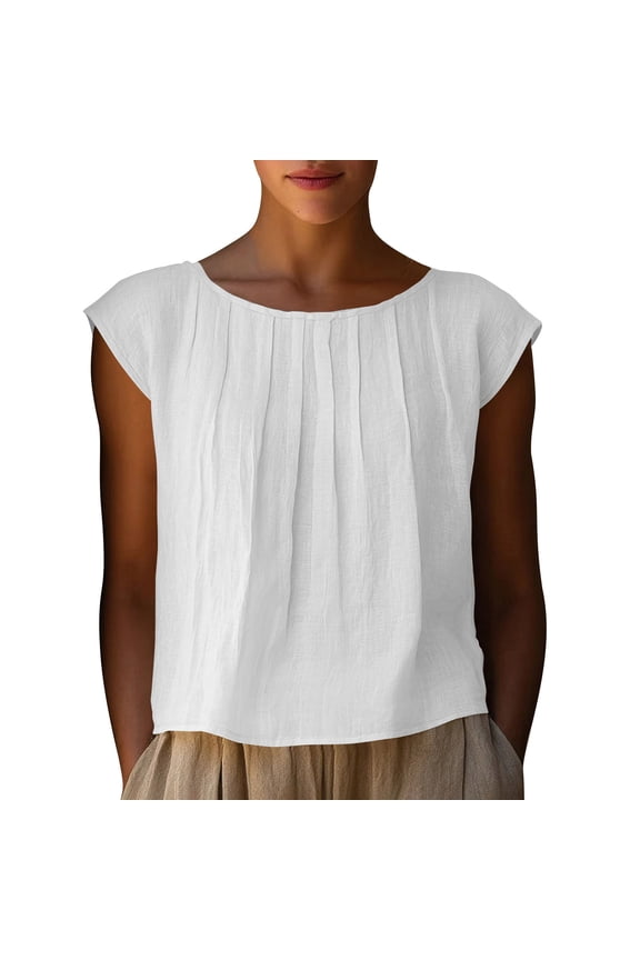 Womens Cotton Linen Summer Tops, Short Sleeve Shirts for Women Casual Vintage Solid Color Pleated Crewneck Dressy Blouses