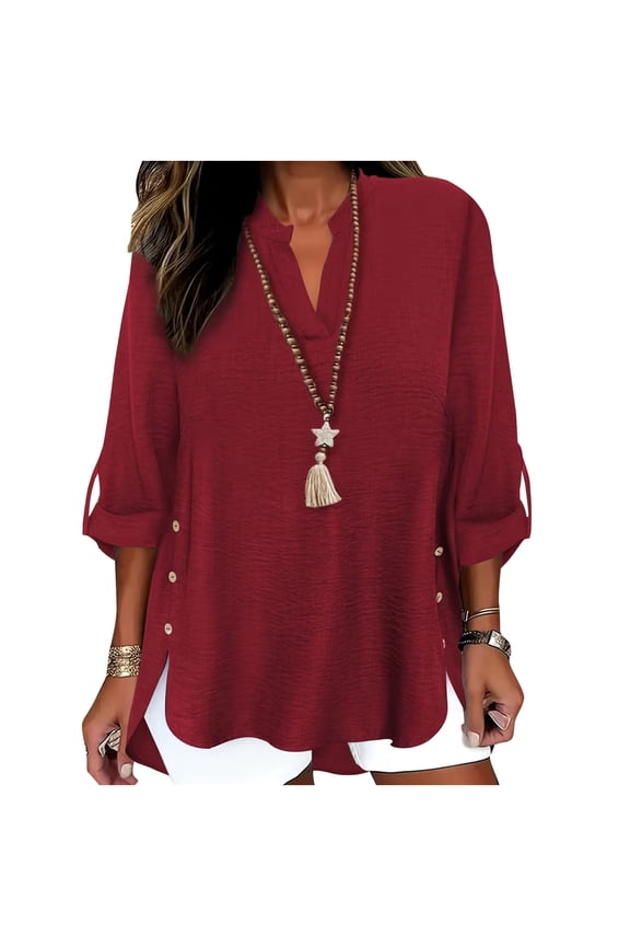 Womens Cotton Linen Summer Tops, Short Sleeve Shirts for Women Lightweight Casual Loose Fit Side Slit V Neck Dressy Blouses with Oblique Buttons