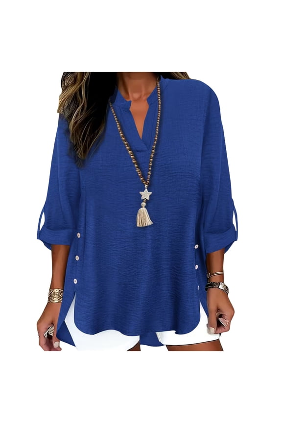 Womens Cotton Linen Summer Tops, Short Sleeve Shirts for Women Lightweight Casual Loose Fit Side Slit V Neck Dressy Blouses with Oblique Buttons