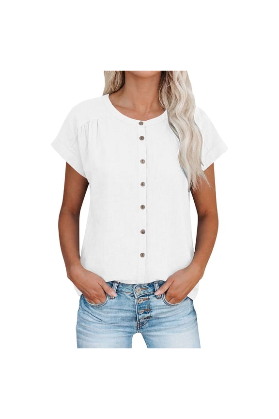 Womens Cotton Linen Summer Tops, Short Sleeve Shirts for Women Lightweight Casual Solid Color Button Down Dressy Blouses