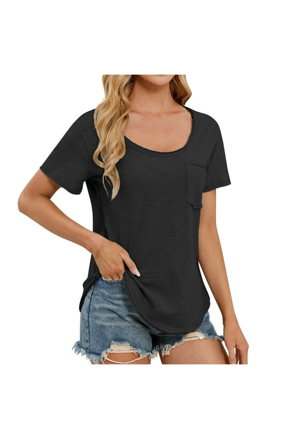 Womens Cotton Linen Summer Tops, Short Sleeve Shirts for Women Lightweight Casual Solid Color Crewneck Dressy Blouses with Pockets