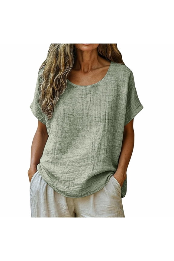 Womens Cotton Linen Summer Tops, Short Sleeve Shirts for Women Plus Size Casual Lightweight Crewneck Dressy Blouses Mothers Day Gifts