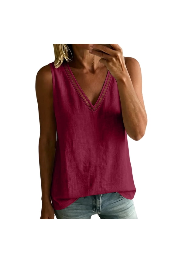 Womens Cotton Linen Summer Tops, Sleeveless Shirts for Women Casual Lightweight Lace Trim V Neck Tank Top Dressy Blouses Mothers Gifts