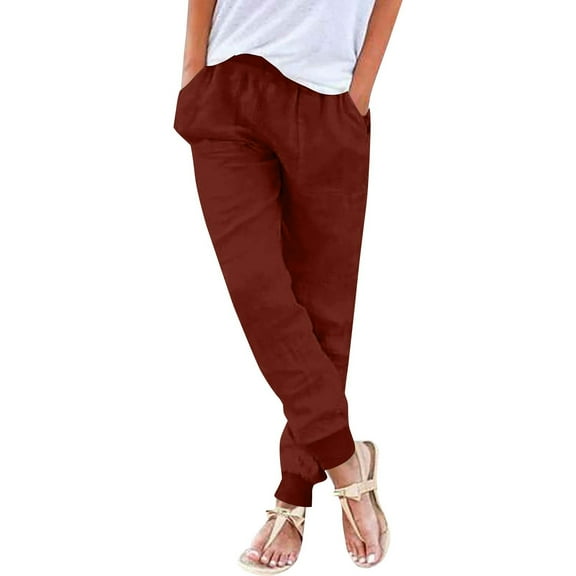Womens Cotton Linen Sweatpants Fashion Solid Color Loose Comfy Drawstring Elastic Waist Wide Leg Pants with Pocket Wine Large