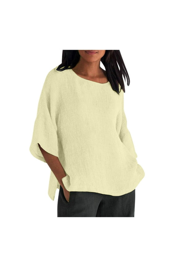 Womens Cotton Linen T-Shirts Dressy Casual 3/4 Sleeve Crewneck Summer Tops Blouses Loose Tunic Top Plain Beach Shirts