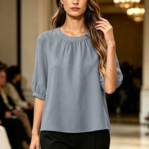 Womens Cotton Linen T Shirts Elbow Length Sleeve Crew Neck Tops for Women Summer Lightweight Tshirts