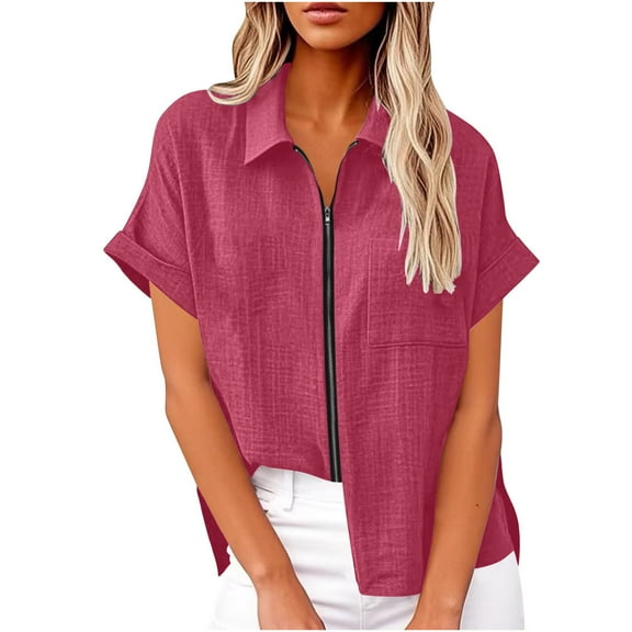 Womens Cotton Linen T-Shirts，Summer Womens Front Zipper Blouse Basic Pure Tops Baggy Boho T Shirts Vintage Causal Tunics Tee Collared Tee Short Sleeve Tops With Pockets