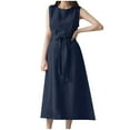 thumbnail image 1 of Womens Cotton Linen Tank Sundress Tunic Solid Color Sleeveless Maxi Dress Crewneck Bow Tie Front Keyhole Back Dresses, 1 of 6