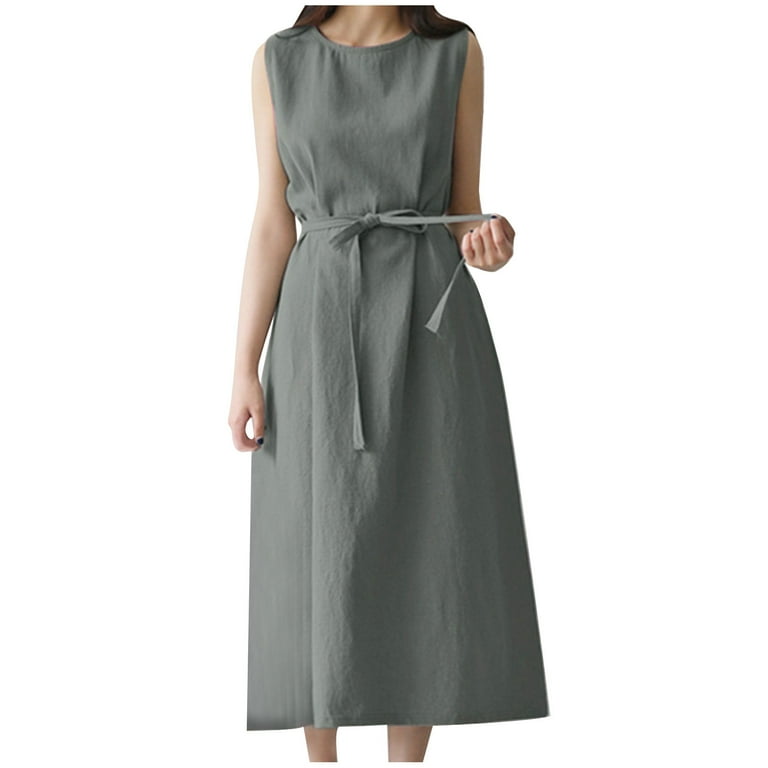 Womens Cotton Linen Tank Sundress Tunic Solid Color Sleeveless Maxi Dress Crewneck Bow Tie Front Keyhole Back Dresses
