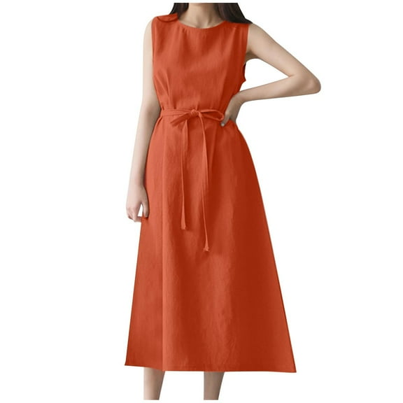 Womens Cotton Linen Tank Sundress Tunic Solid Color Sleeveless Maxi Dress Crewneck Bow Tie Front Keyhole Back Dresses