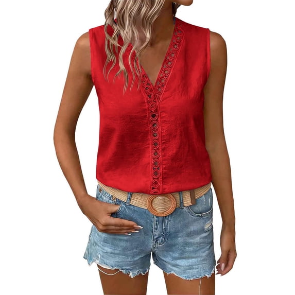 Womens Cotton Linen Tank Top Sleeveless V Neck Hollow Out Beach Shirt Lightweight Loose Casual Summer Vacation Blouse Top
