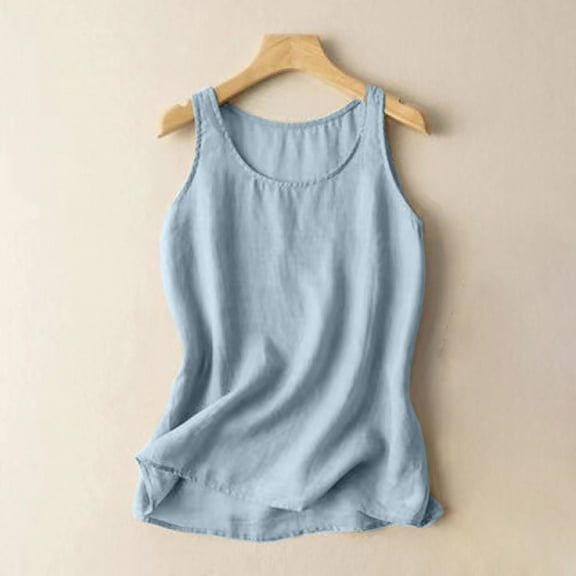 Womens Cotton Linen Tank Tops Casual Solid Color Tee Loose Sleeveless Blouse Round Neck Shirt Tops Summer Pullover Tank