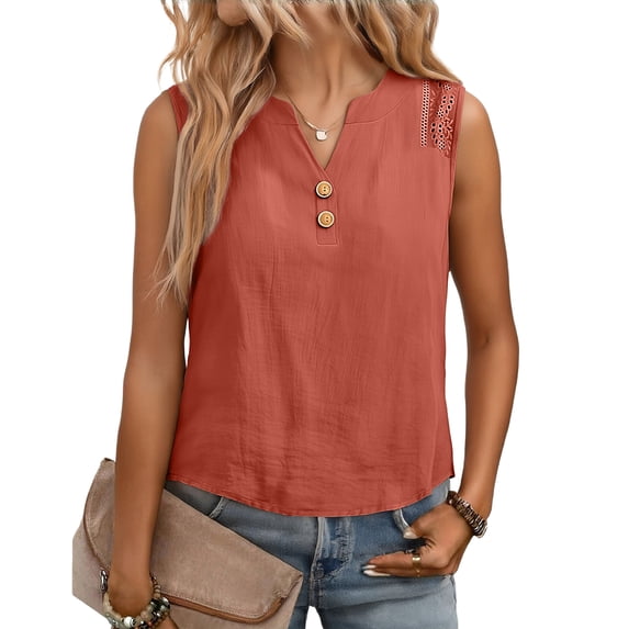 Womens Cotton Linen Tank Tops Hollow Out Sleeveless Embroidered Boho V Neck Tops, Red XL