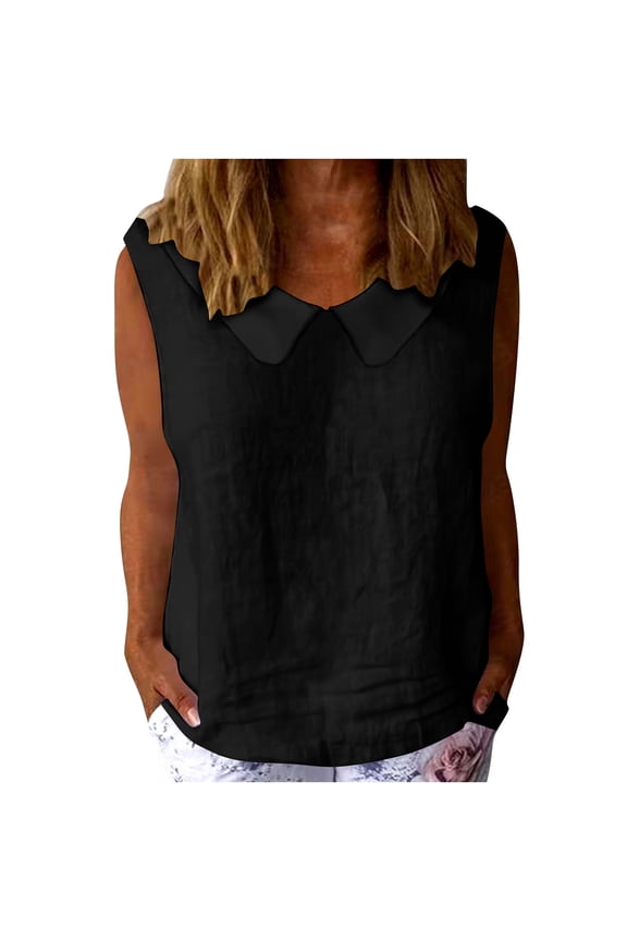 Womens Cotton Linen Tank Tops Sleeveless Collared Shirts Summer Solid Cute Dressy Casual Loose Fit Blouses