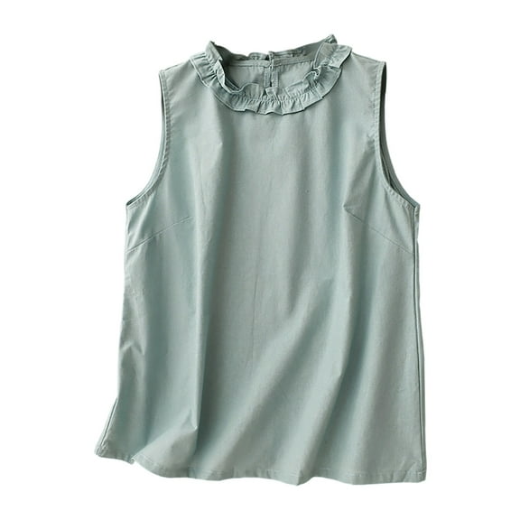 Womens Cotton Linen Tank Tops, Sleeveless Shirts for Women Dressy Casual Vintage Solid Color Ruffled Button Down Dressy Blouses M-2XL