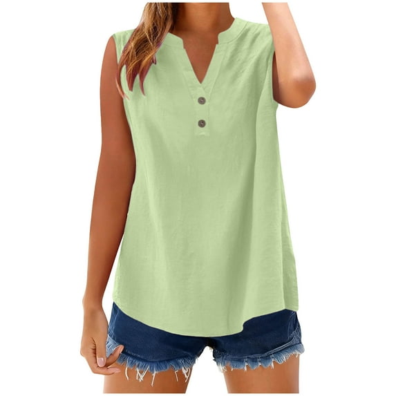 Womens Cotton Linen Tank Tops, Sleeveless Shirts for Women Lightweight Casual Plus Size Solid Color Button Up V Neck Dressy Blouses