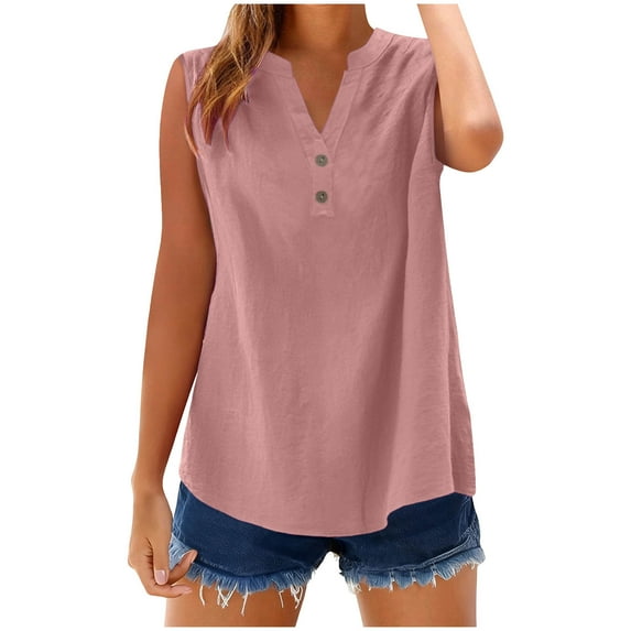 Womens Cotton Linen Tank Tops, Sleeveless Shirts for Women Lightweight Casual Plus Size Solid Color Button Up V Neck Dressy Blouses