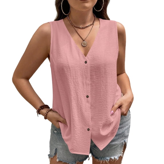 Womens Cotton Linen Tank Tops, Sleeveless Shirts for Women Summer Casual Lightweight V Neck Button Down Dressy Blouses