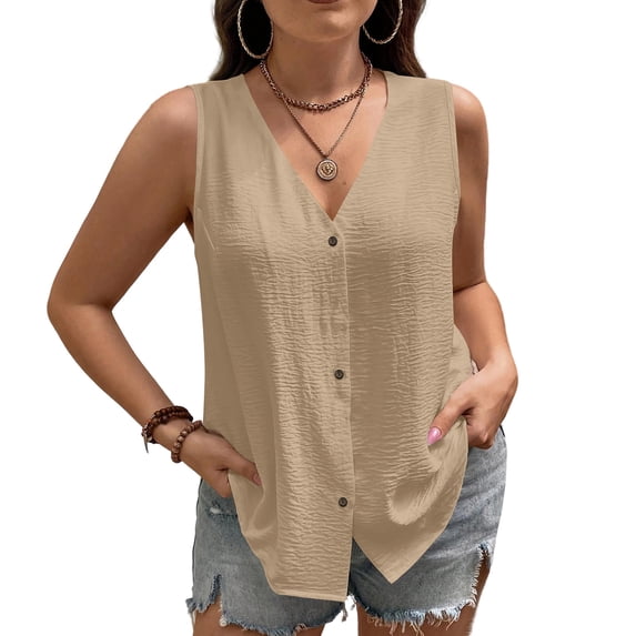 Womens Cotton Linen Tank Tops, Sleeveless Shirts for Women Summer Casual Lightweight V Neck Button Down Dressy Blouses