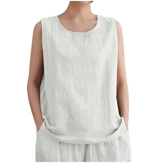 Womens Cotton Linen Tank Tops, Sleeveless Shirts for Women Summer Casual Loose Fit Solid Color Crewneck Tanks Dressy Blouses