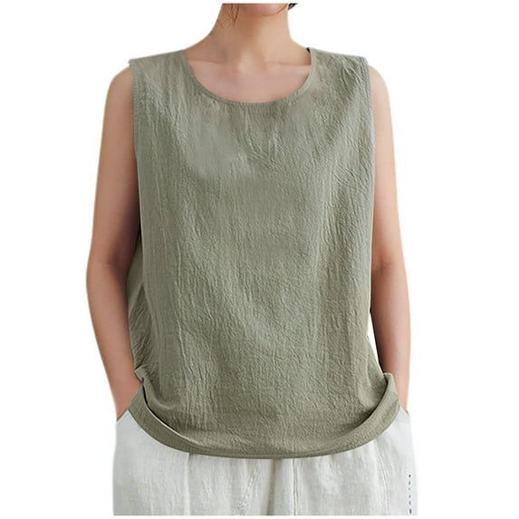 Womens Cotton Linen Tank Tops, Sleeveless Shirts for Women Summer Casual Loose Fit Solid Color Crewneck Tanks Dressy Blouses
