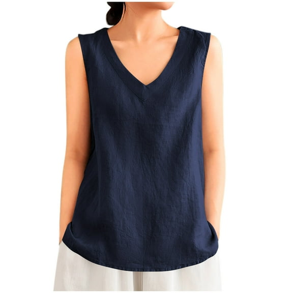 Womens Cotton Linen Tank Tops, Sleeveless Shirts for Women Summer Casual Loose Fit Solid Color V Neck Dressy Blouses