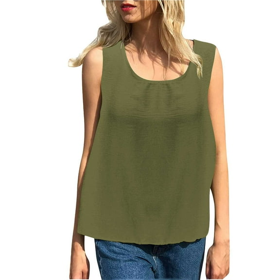 Womens Cotton Linen Tank Tops, Sleeveless Shirts for Women Summer Casual Solid Color Crewneck Dressy Blouses