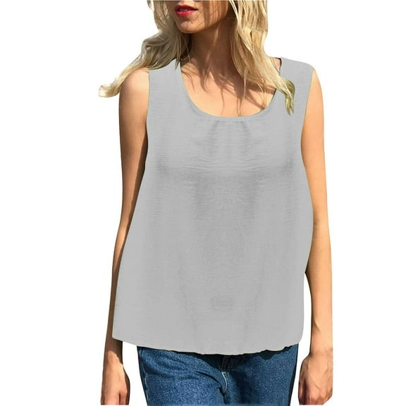 Womens Cotton Linen Tank Tops, Sleeveless Shirts for Women Summer Casual Solid Color Crewneck Dressy Blouses