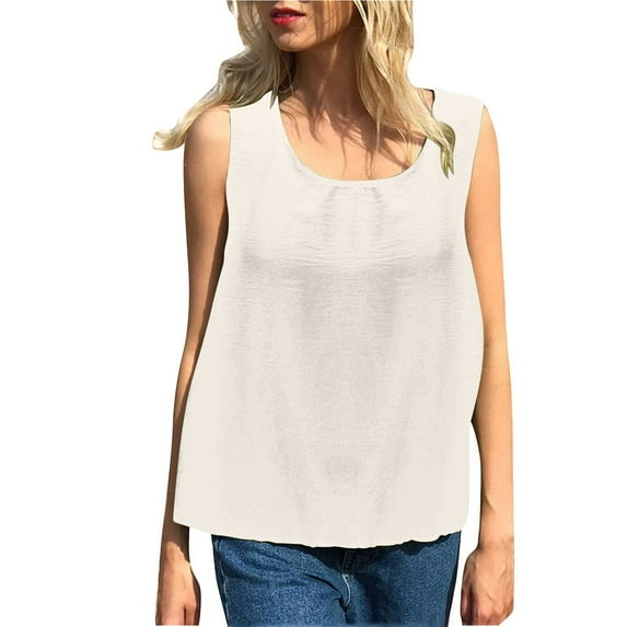 Womens Cotton Linen Tank Tops, Sleeveless Shirts for Women Summer Casual Solid Color Crewneck Dressy Blouses