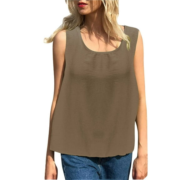 Womens Cotton Linen Tank Tops, Sleeveless Shirts for Women Summer Casual Solid Color Crewneck Dressy Blouses