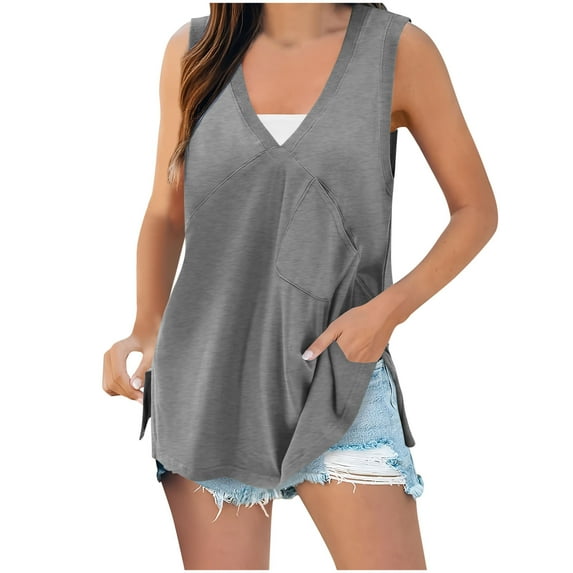 Womens Cotton Linen Tank Tops, Sleeveless Shirts for Women Summer Casual Solid Color V Neck Dressy Blouses with Pockets