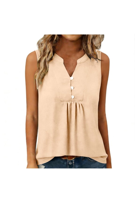 Womens Cotton Linen Tank Tops, Sleeveless Shirts for Women Summer Casual Vintage Solid Color Ruched Button Up V Neck Dressy Blouses