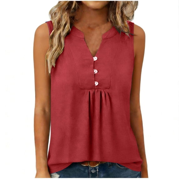 Womens Cotton Linen Tank Tops, Sleeveless Shirts for Women Summer Casual Vintage Solid Color Ruched Button Up V Neck Dressy Blouses