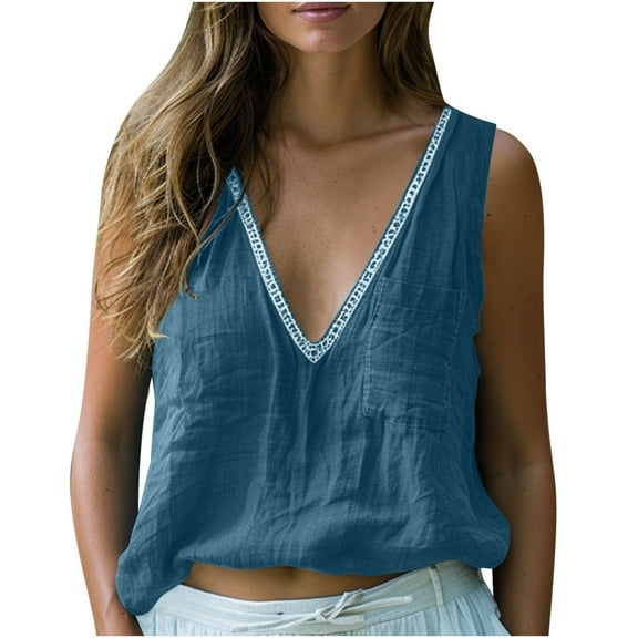 Womens Cotton Linen Tank Tops, Sleeveless Shirts for Women Summer Casual Vintage Solid Color V Neck Dressy Blouses