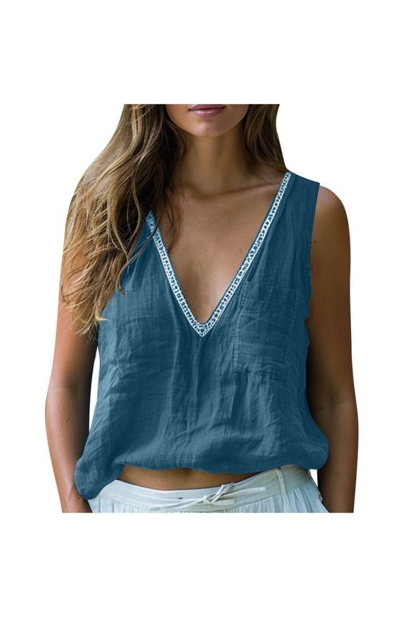 Womens Cotton Linen Tank Tops, Sleeveless Shirts for Women Summer Casual Vintage Solid Color V Neck Dressy Blouses