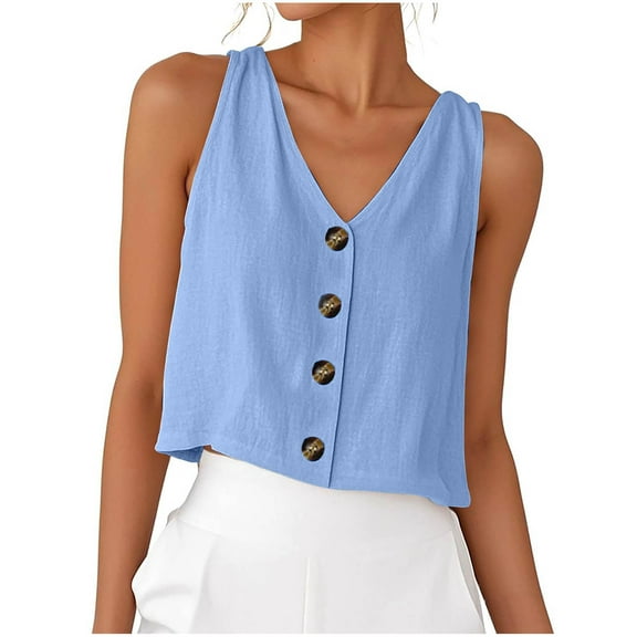 Womens Cotton Linen Tank Tops, Sleeveless Shirts for Women Summer Lightweight Casual Solid Color Button Down V Neck Dressy Blouses